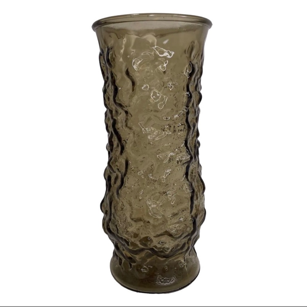 Vintage 1960 MCM EO Brody Co Anchor Hocking Smoke Brown Crinkle Glass Vase